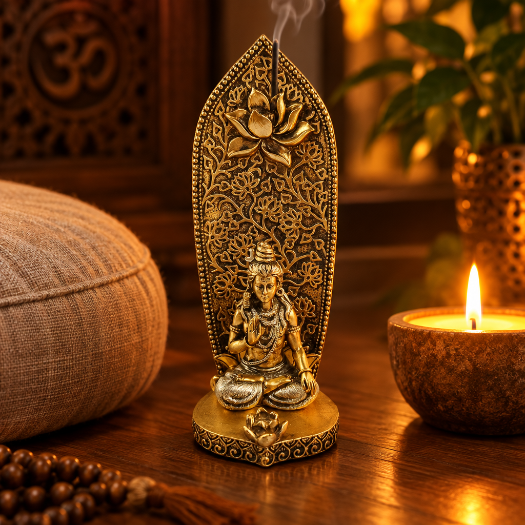 Porta-incenso Shiva in angolo di meditazione con candela