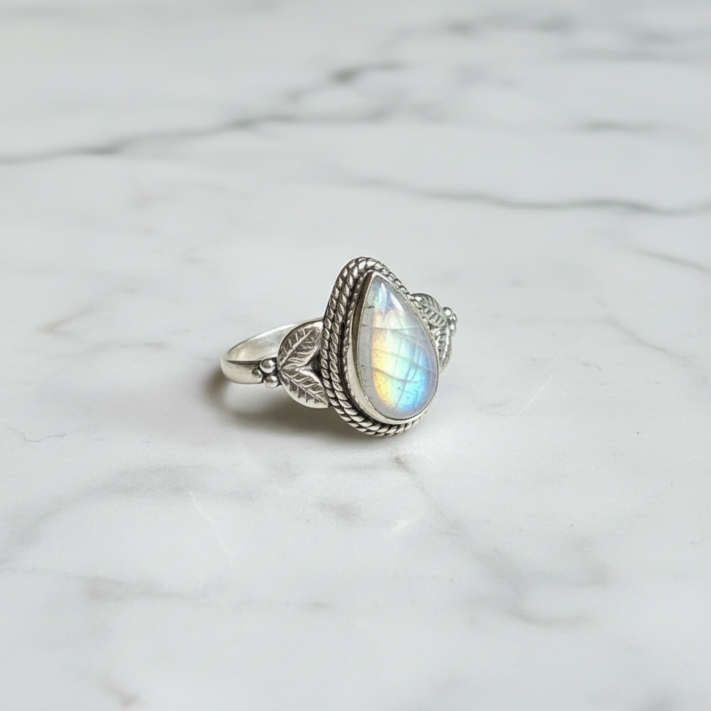 Anello Labradorite Bianca Rainbow su marmo bianco