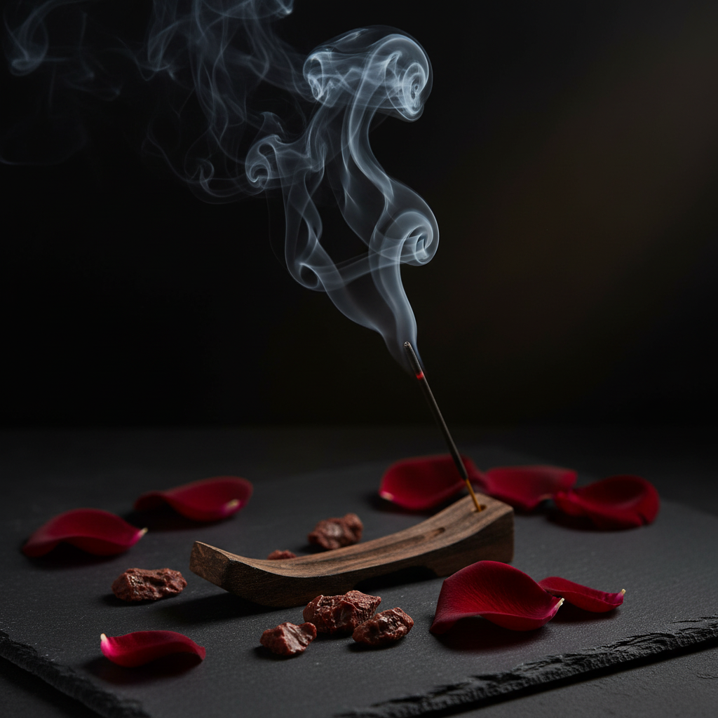 Satya Dragon's Blood incensi accesi con fumo drammatico