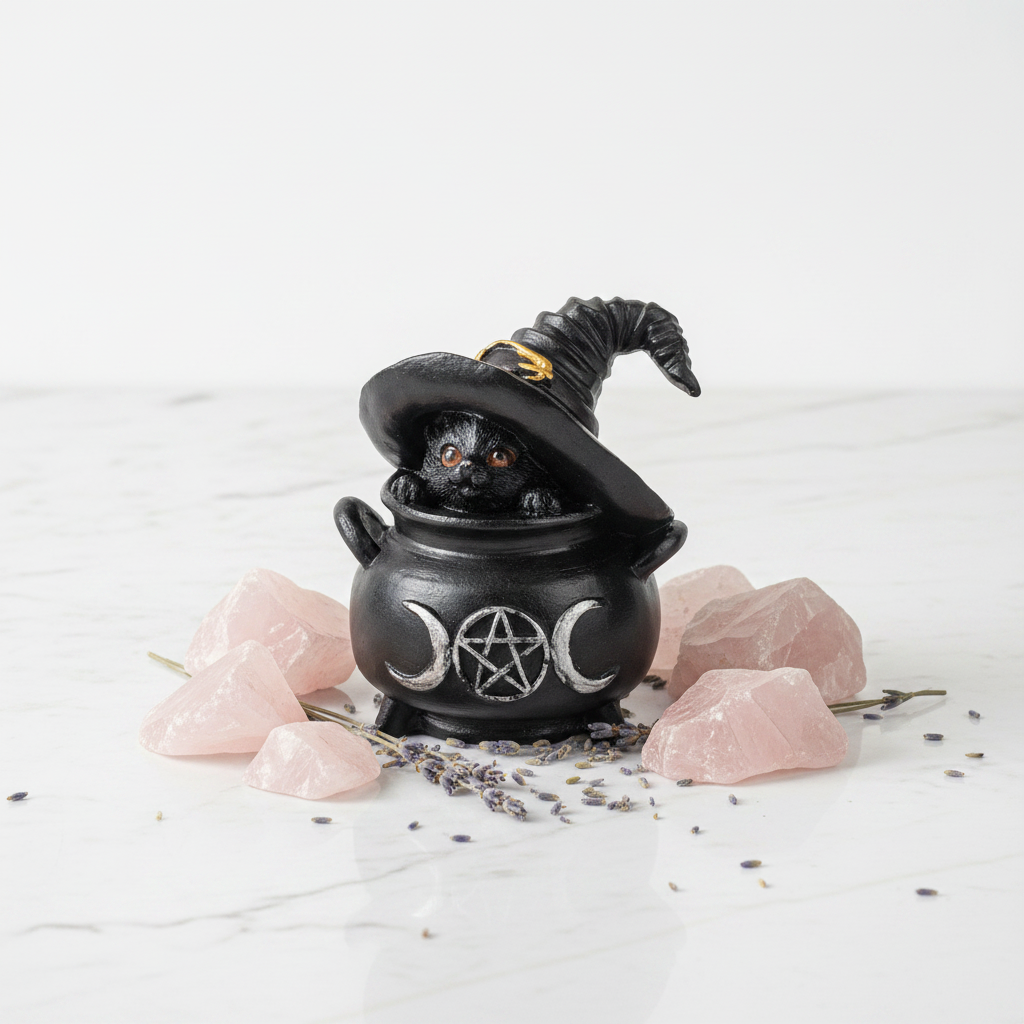 Statuina gatto Wicca con cappello nero su marmo bianco con quarzo rosa e lavanda