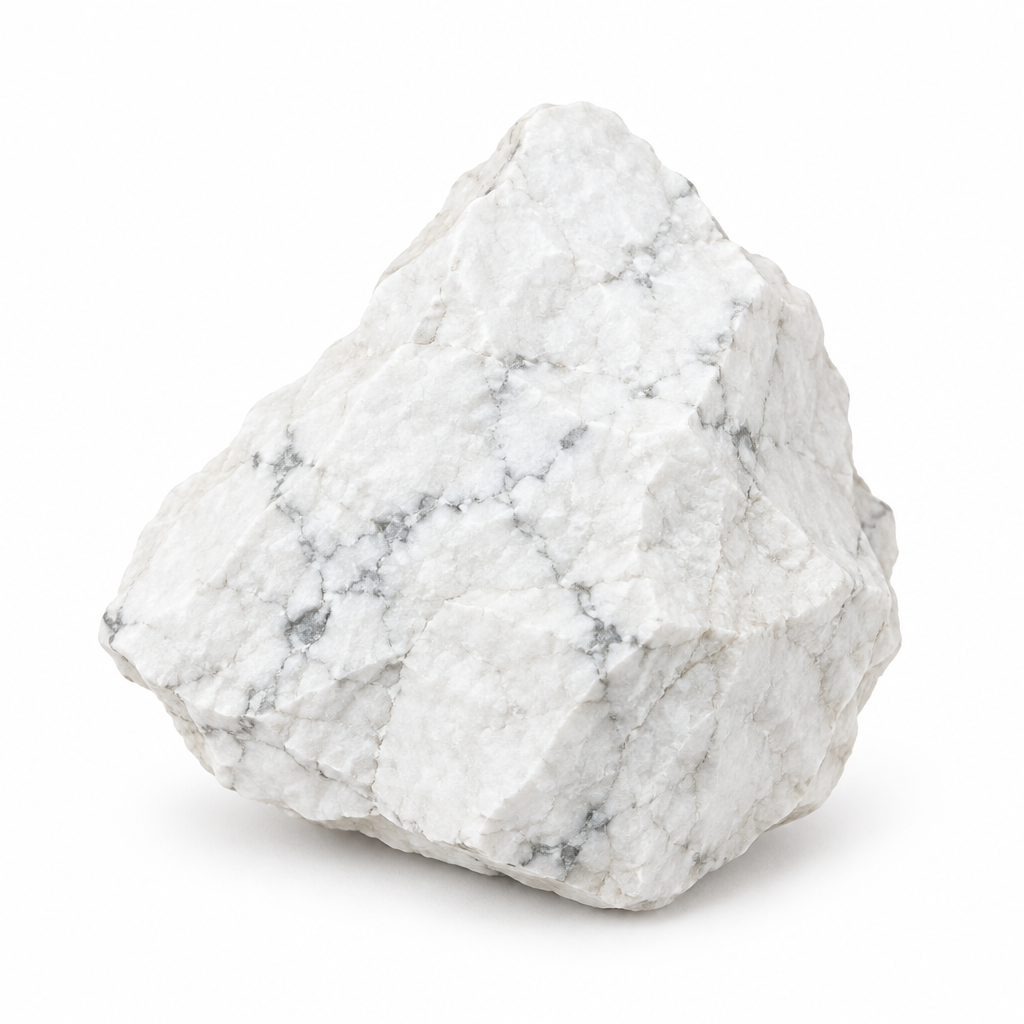 Howlite bianca grezza su fondo bianco