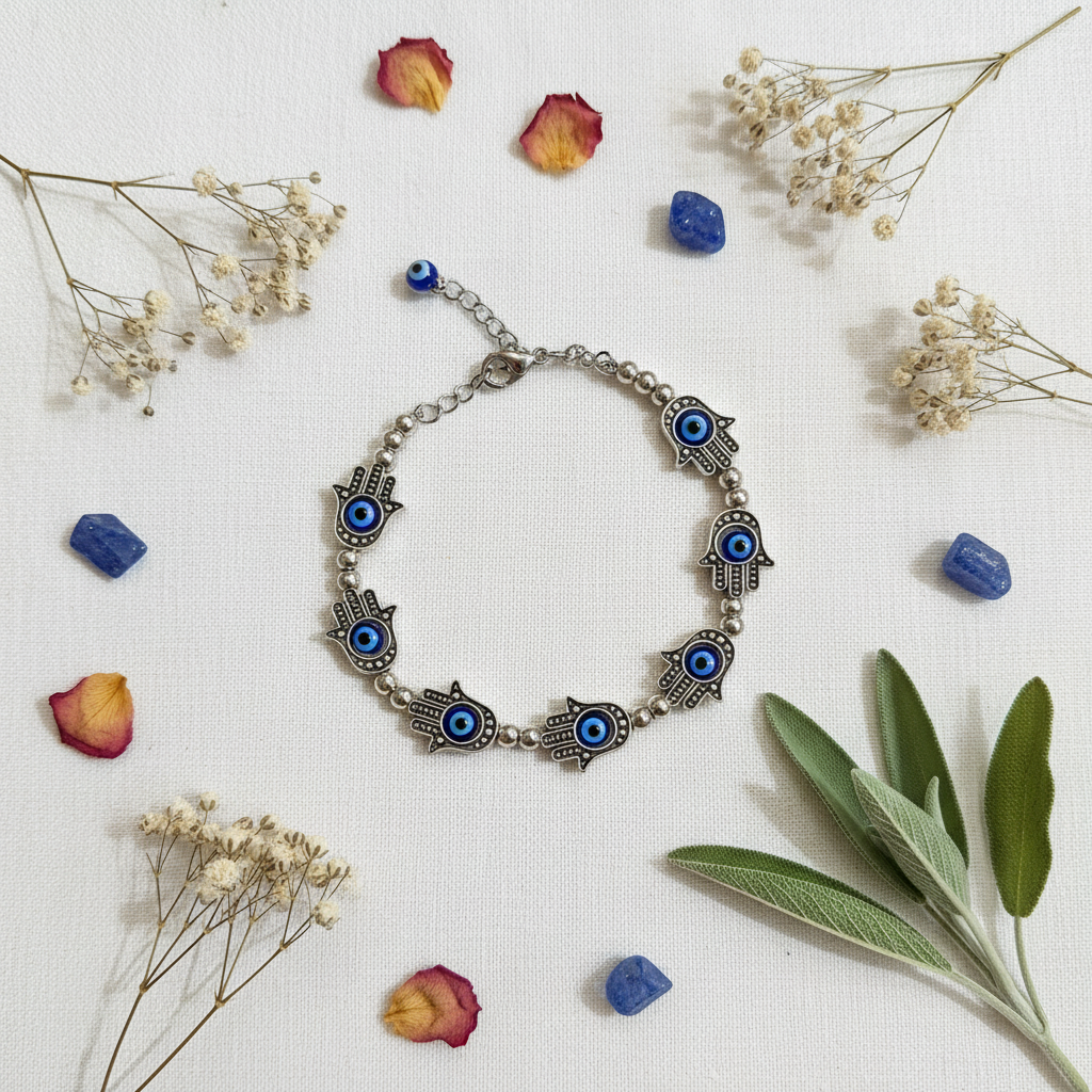 Bracciale Mano di Fatima Occhio di Nazar - composizione botanica con fiori secchi e cristalli blu
