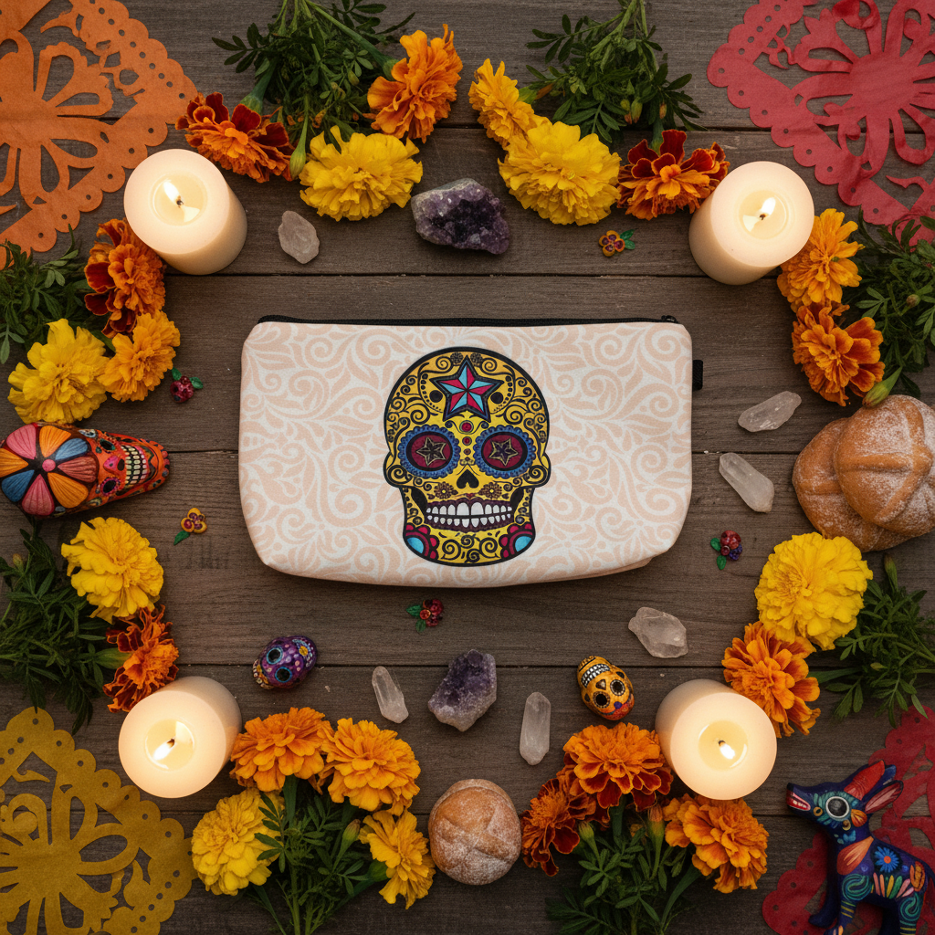 Pochette Teschio Messicano - flat lay festivo Dia de los Muertos