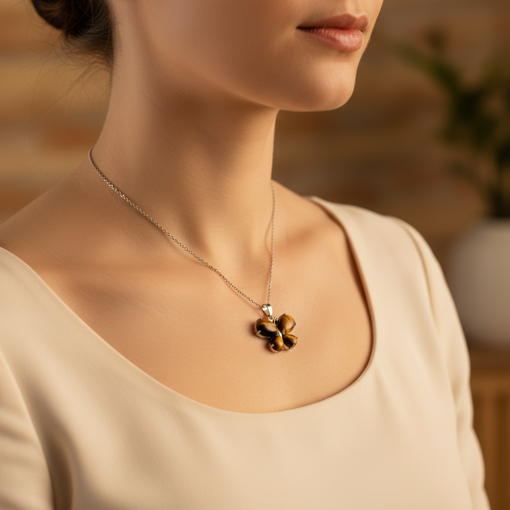 Collana farfalla occhio di tigre silver lifestyle indossata