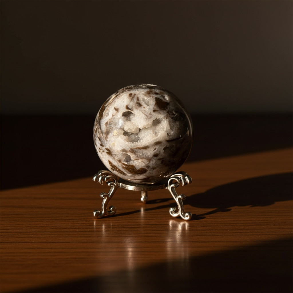 Sfera Sphalerite su legno scuro luce dorata