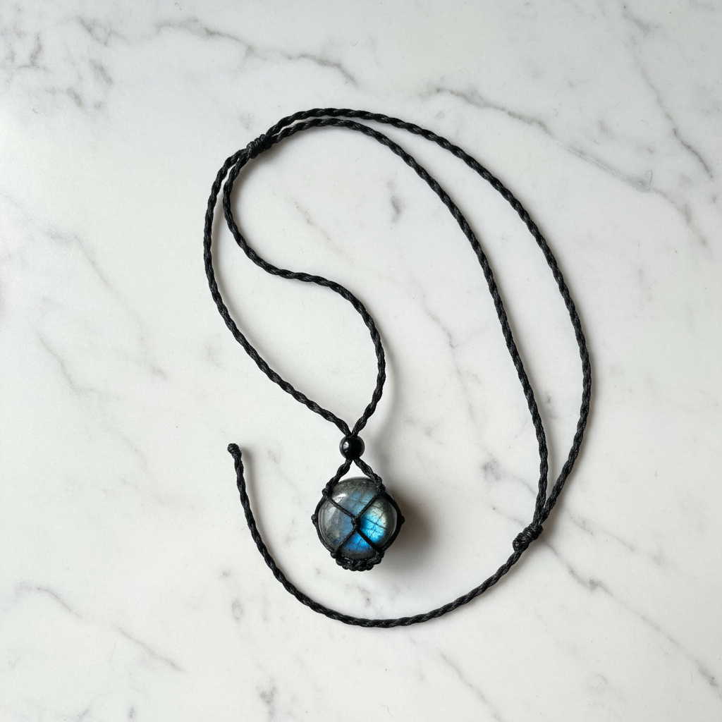 Collana Labradorite flat lay marmo bianco