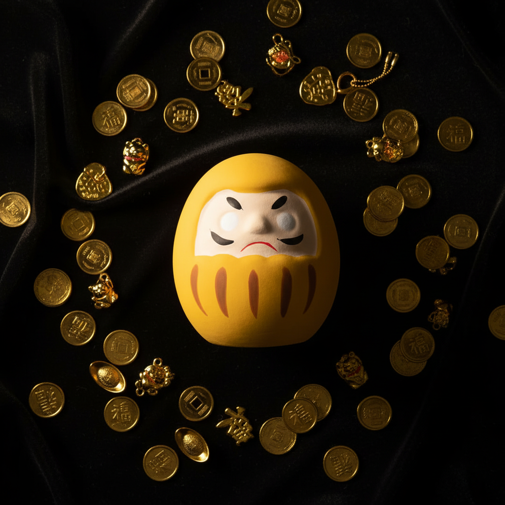 Daruma Giallo Giapponese - flat lay velluto nero