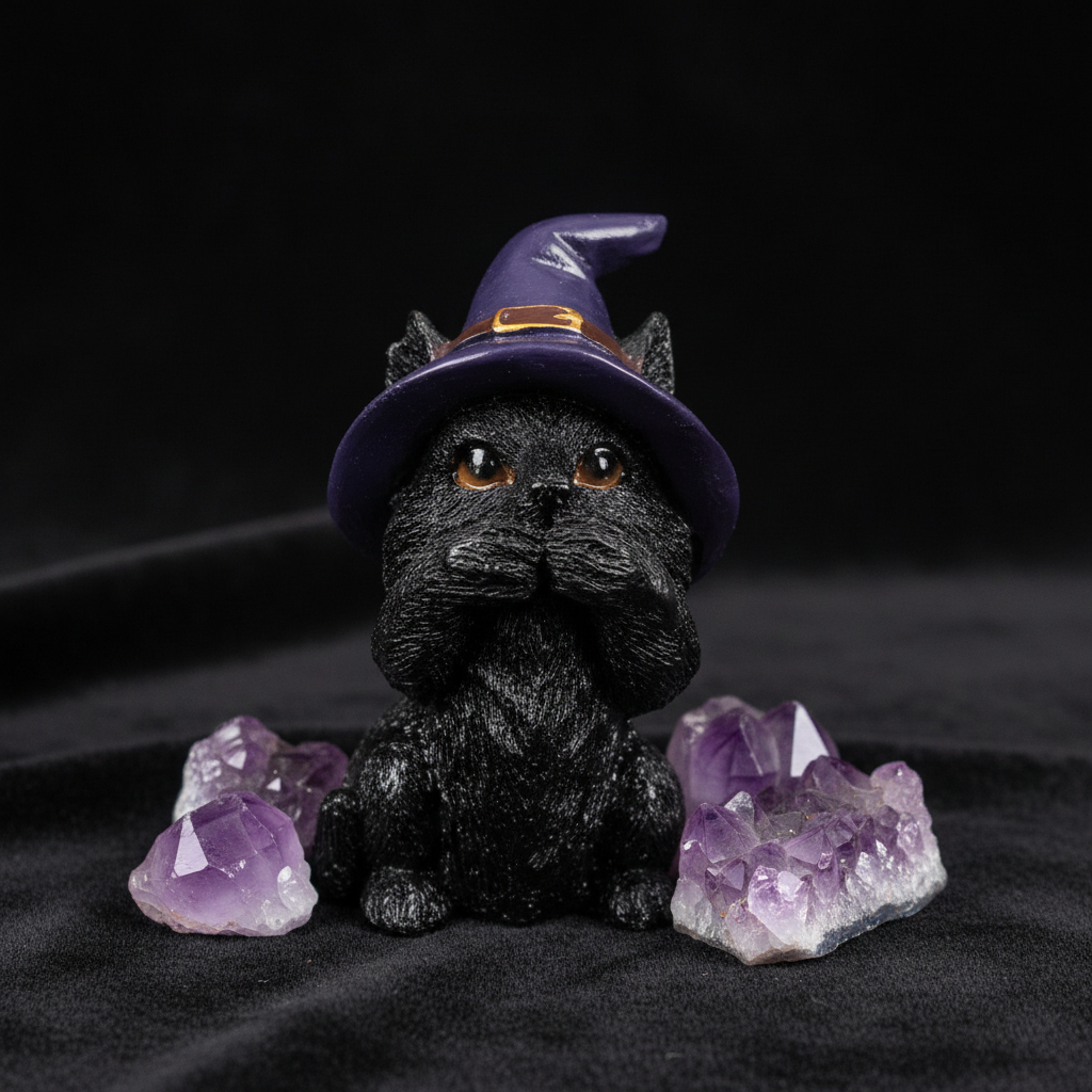 Dettaglio macro statuina gatto Wicca su velluto nero con ametiste