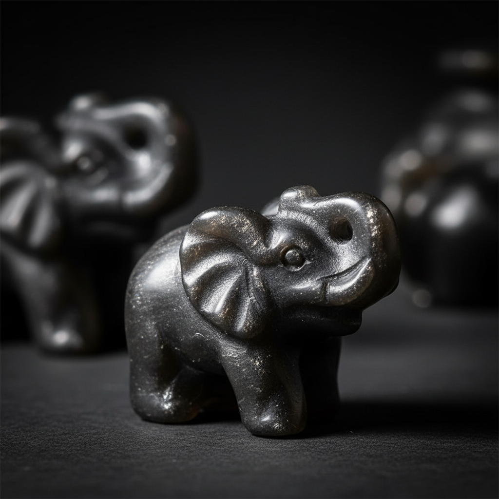 Mini Elefante Ossidiana Silver Sheen close-up riflessi