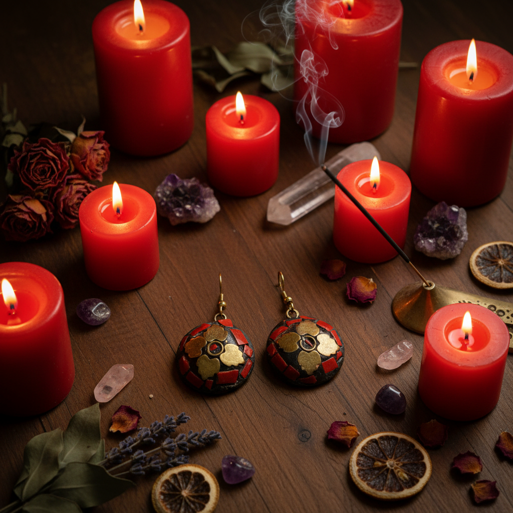 Orecchini cerchio corallo - composizione rituale candele rosse