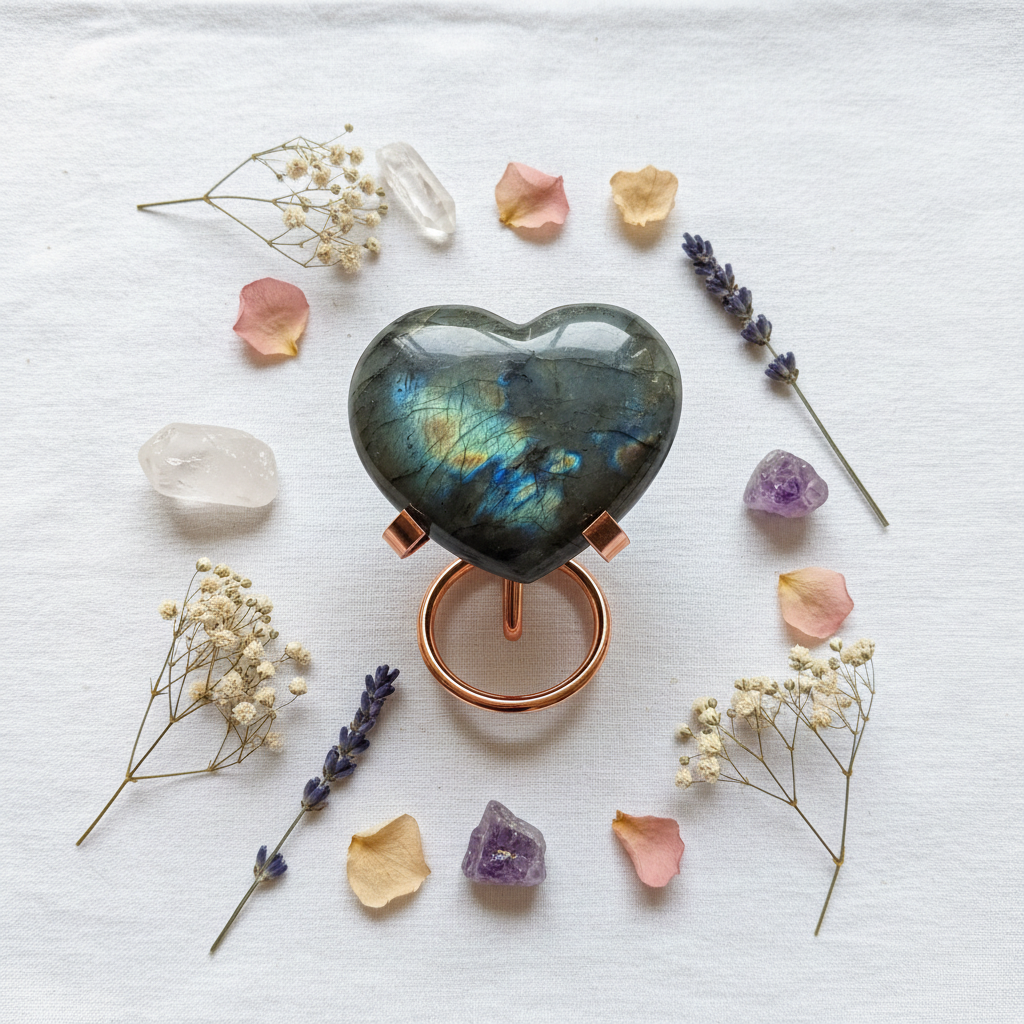 Cuore in Labradorite con fiori su lino