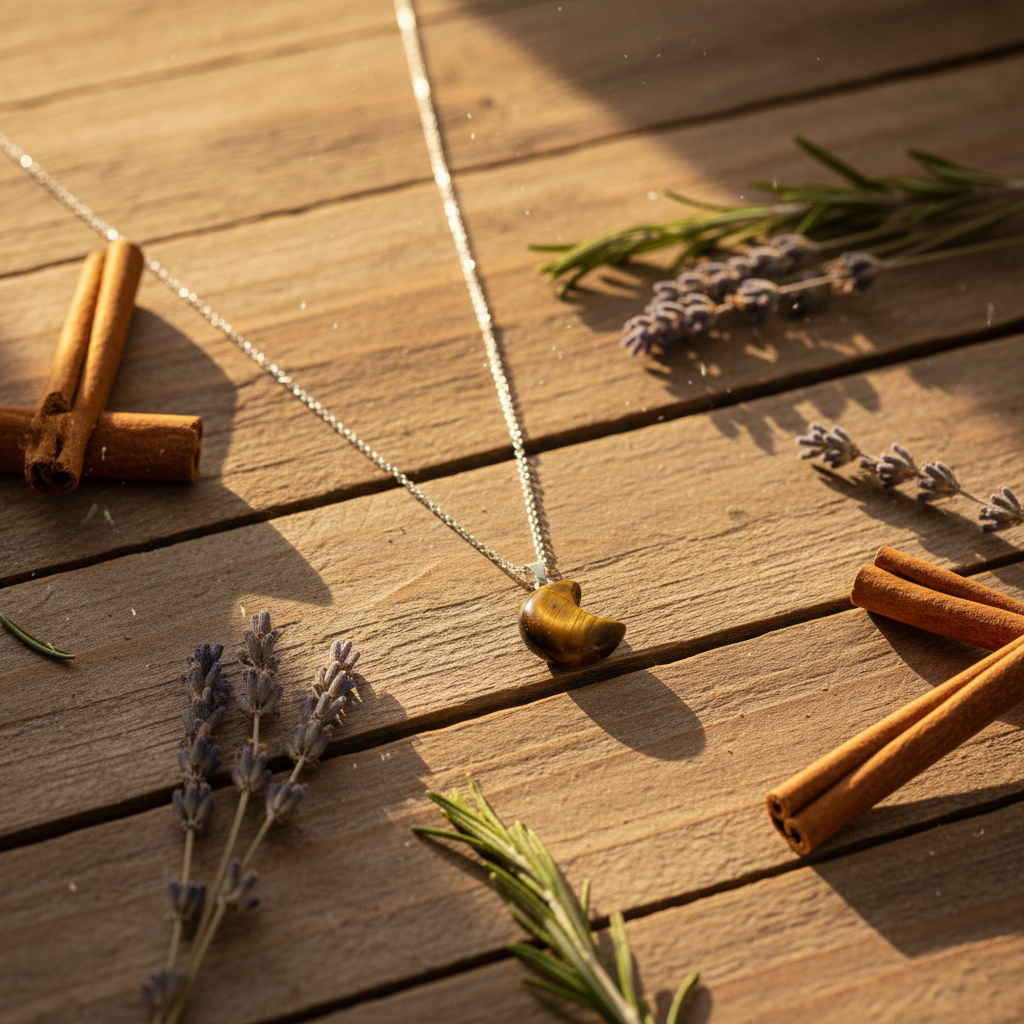 Collana Luna Occhio di Tigre - sfondo legno rustico