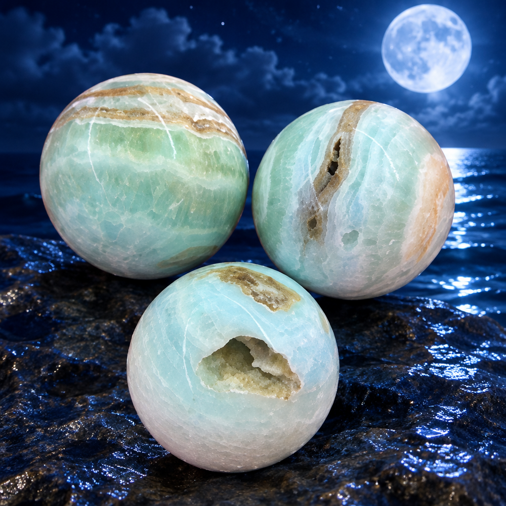 Sfere in calcite caraibica su blu