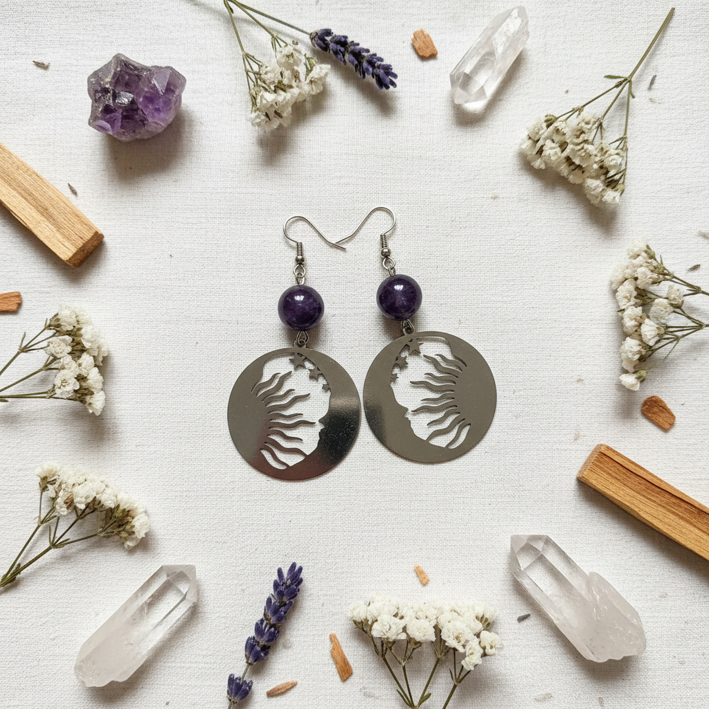 Orecchini Pendenti Sole e Luna flat lay con cristalli