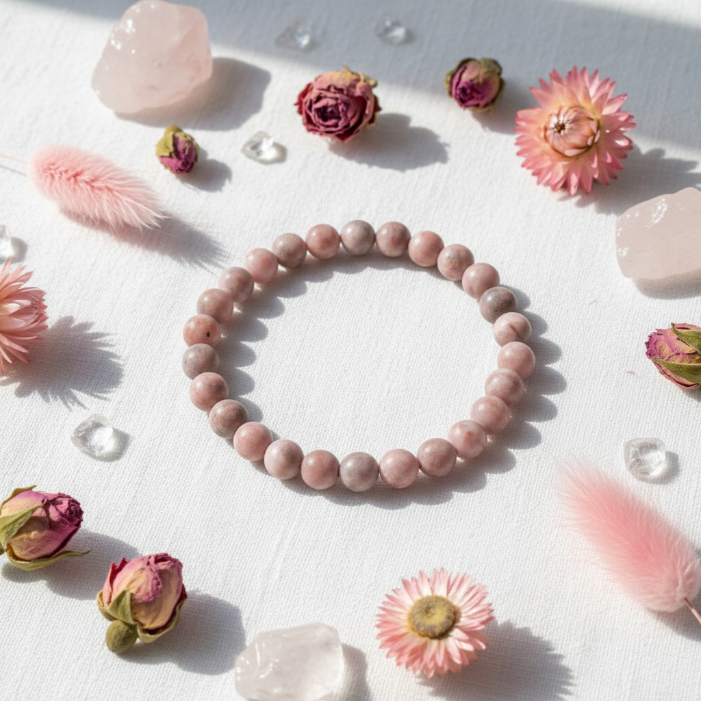 Bracciale diaspro zebra rosa su lino con fiori e cristalli