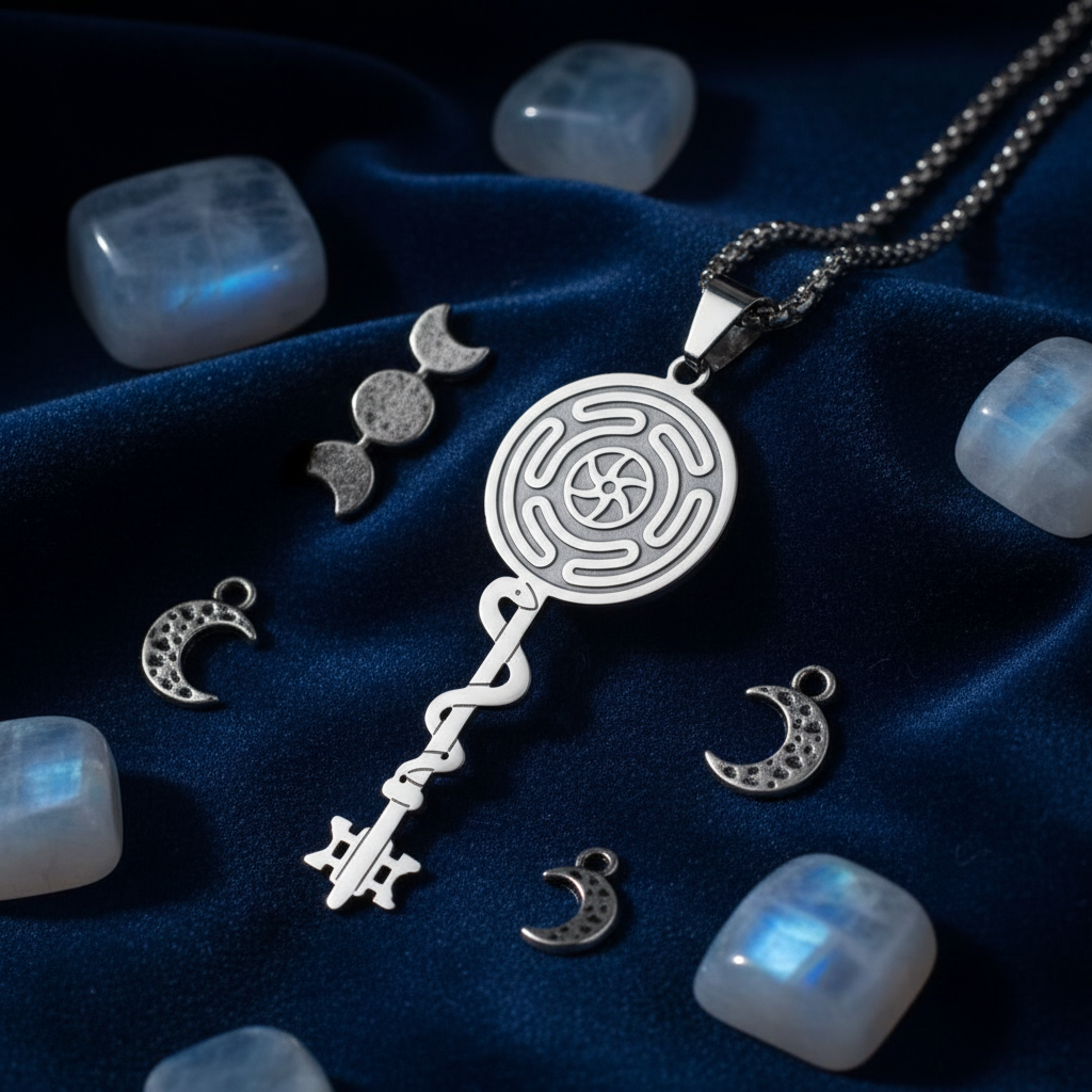 Collana Chiave di Ecate - velluto blu notte con cristalli lunari