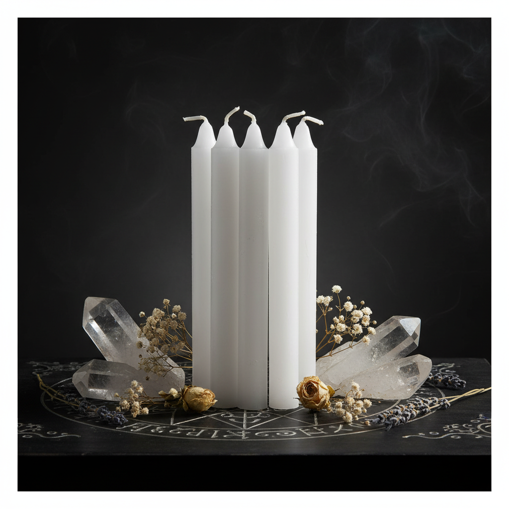 5 candele bianche per rituali su altare mistico