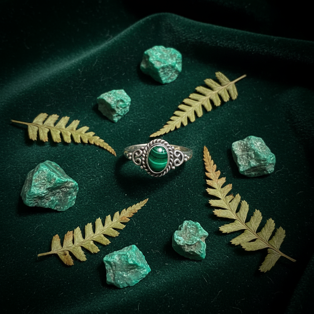 Anello Vintage in Argento con Malachite Naturale Ovale - flat lay velluto verde