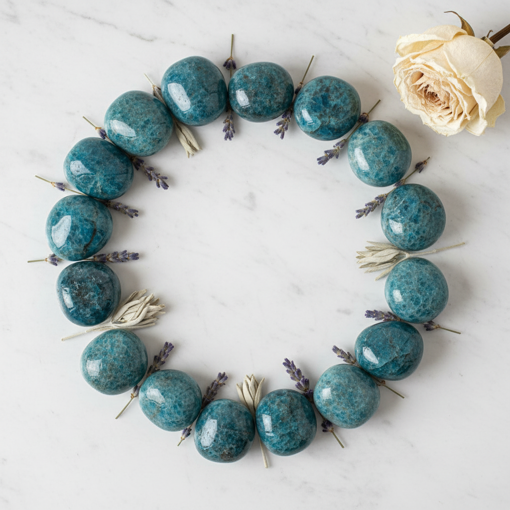 Apatite blu con fiori secchi e salvia