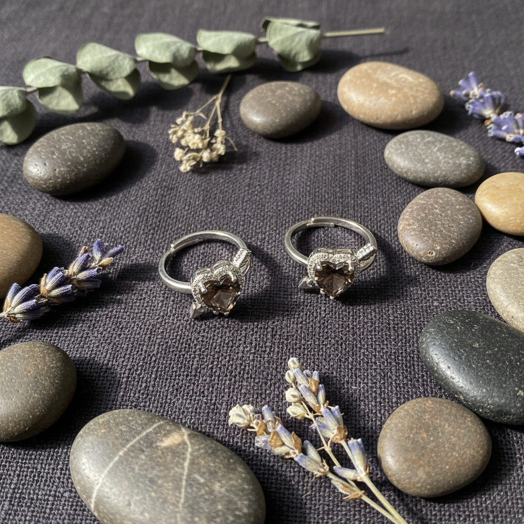 Anello cuore quarzo fumé flat lay con botaniche
