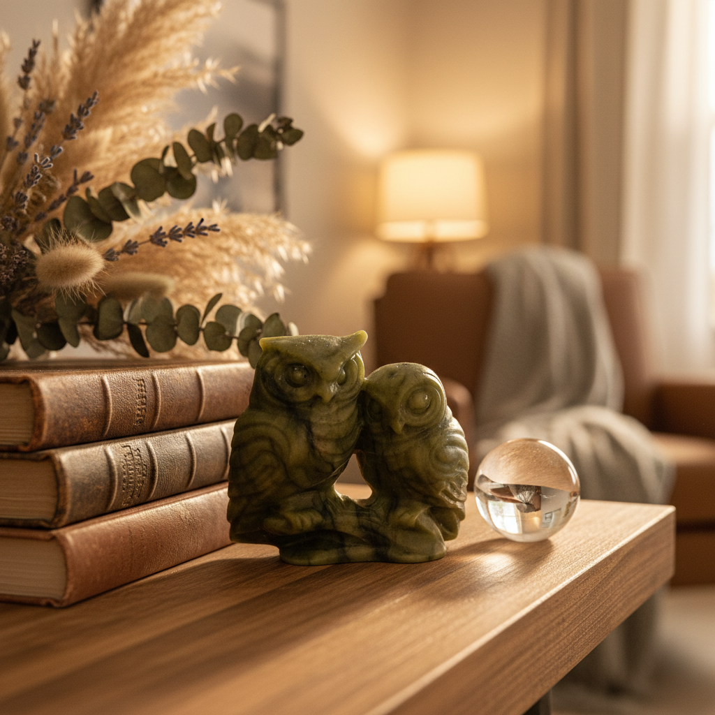 Coppia di Gufi in Giada Verde - lifestyle mensola con libri