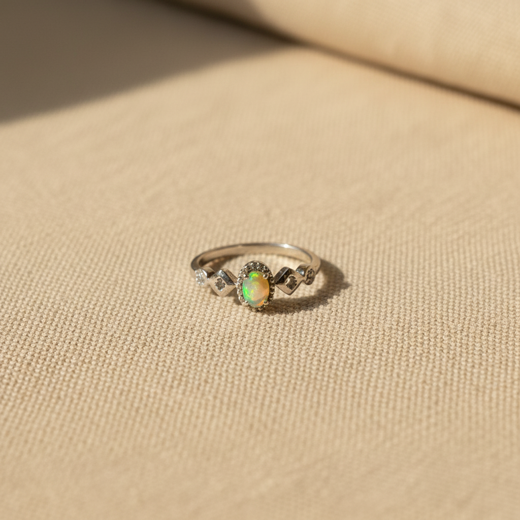 Anello opale etiope - sfondo lino beige