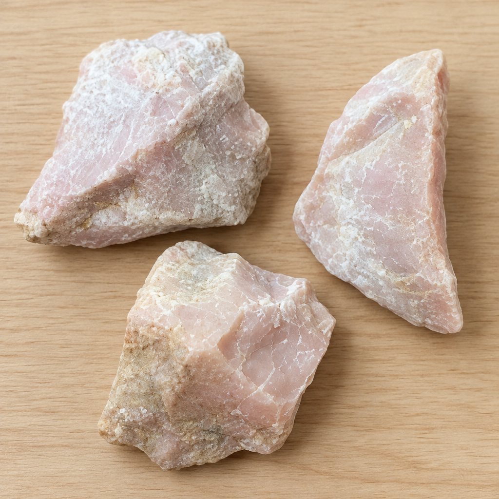 Campioni di opale rosa grezzo su legno