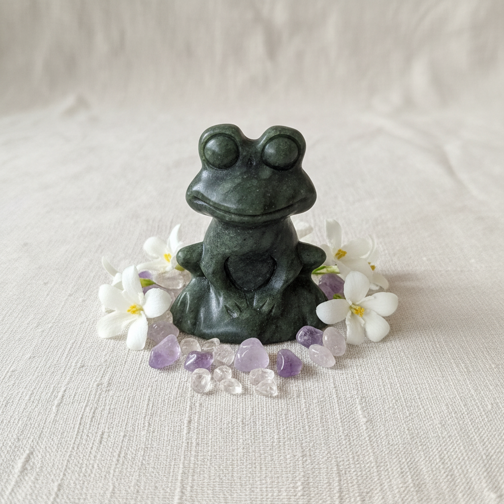 Rana seduta giada verde - fiori e cristalli