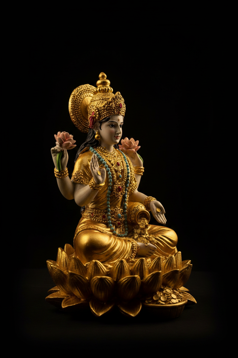 Statua Lakshmi full body con luce dorata drammatica