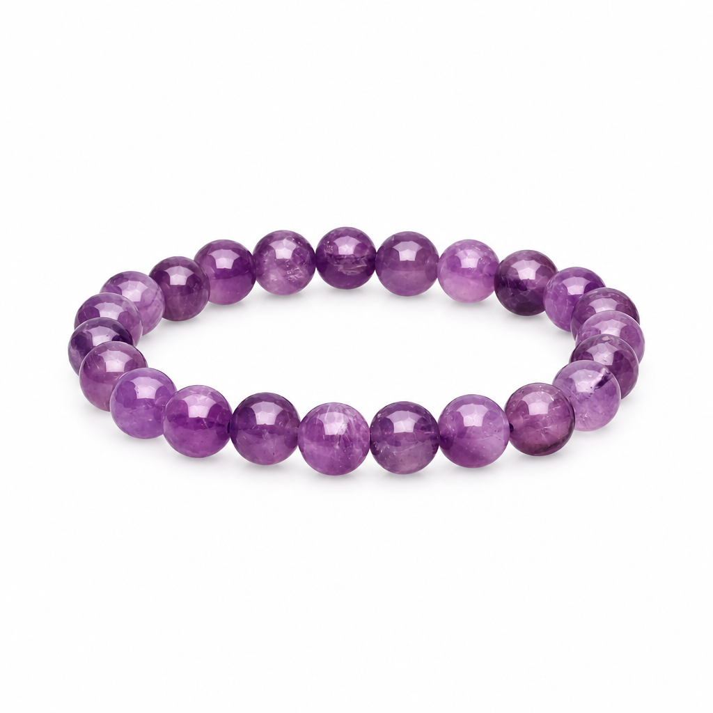 Bracciale in ametista con perle lisce viola da 8 mm su sfondo bianco