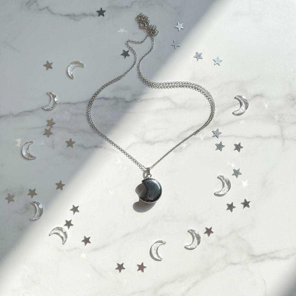 Collana Luna Ematite flat lay marmo con stelle argento