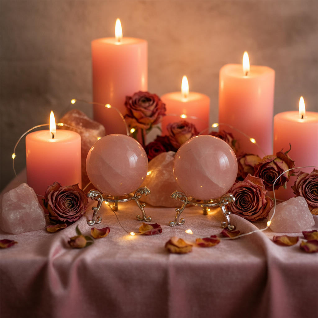 Sfere Quarzo Rosa su base silver - altare dell'amore con candele rosa