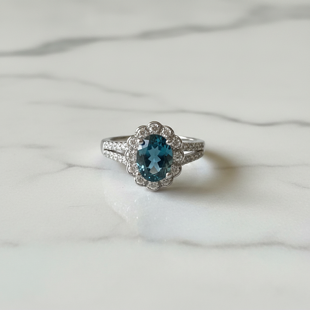 Anello topazio London Blue flatlay marmo