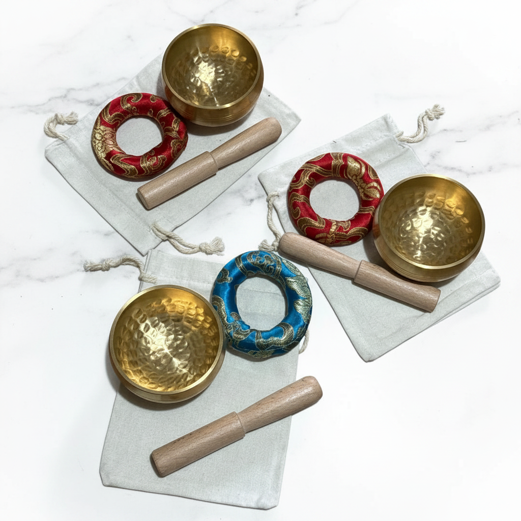 Campane tibetane con sacchetto - flatlay su marmo