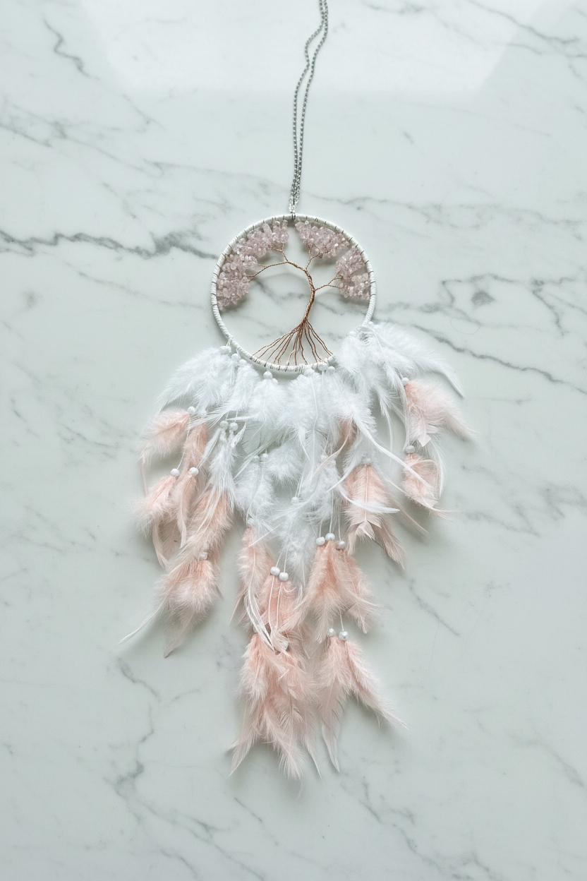 Acchiappasogni quarzo rosa - flatlay marmo bianco