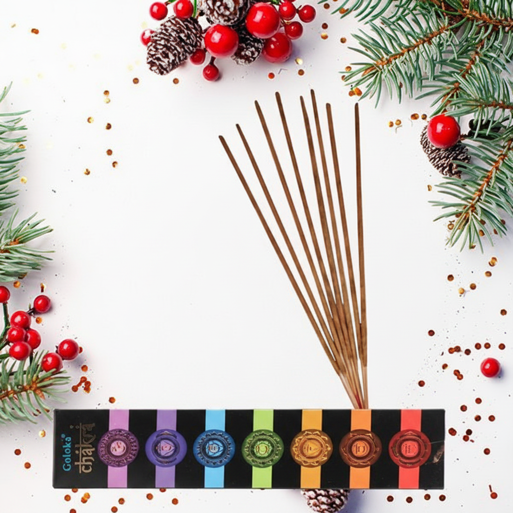 Goloka Chakra Incense - box orizzontale in basso con stick diagonali