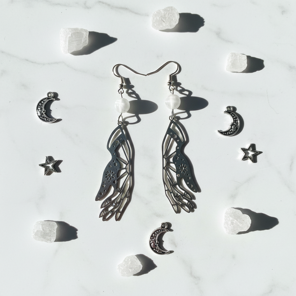 Orecchini Mano Mistica flat lay marmo