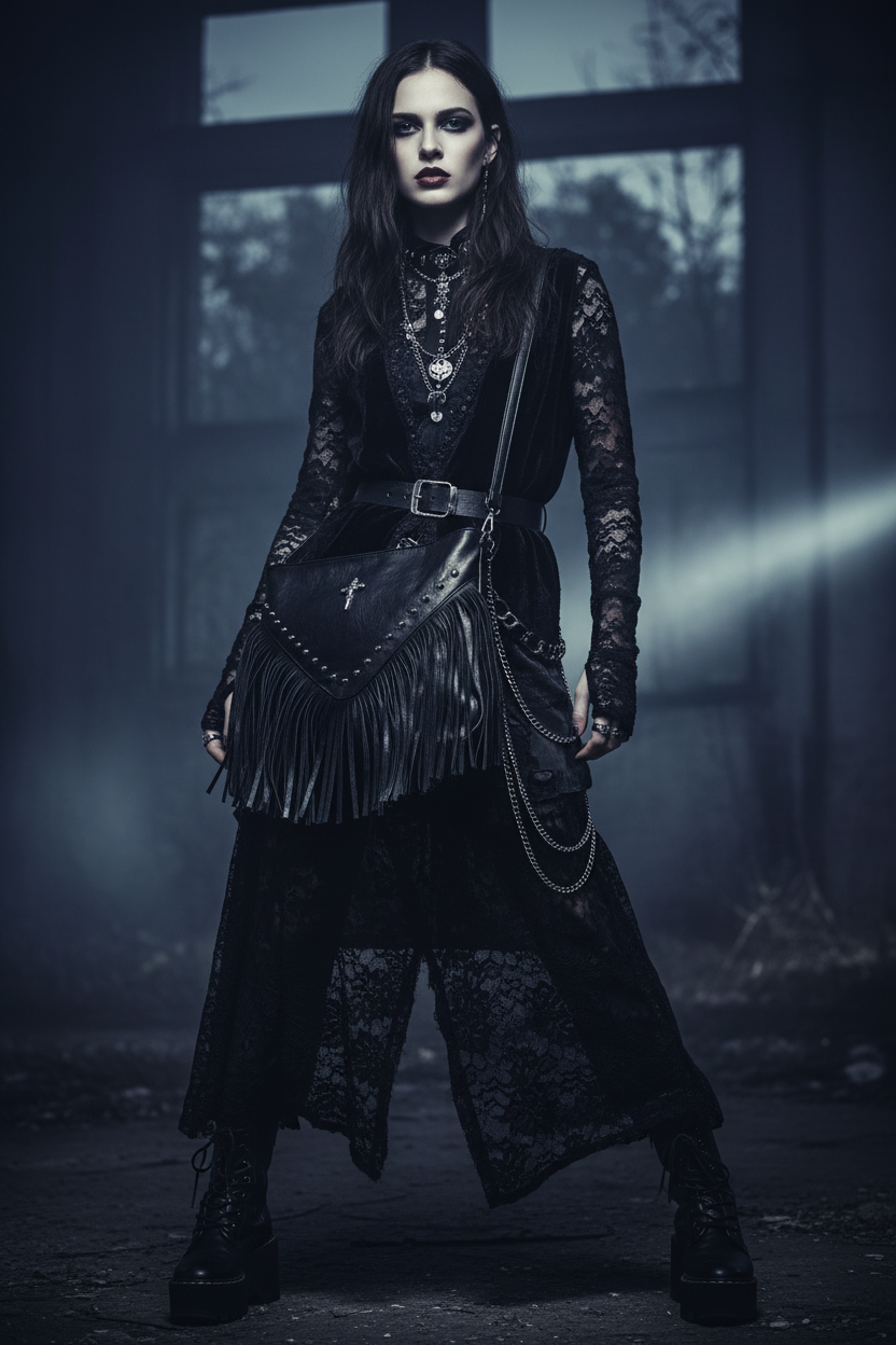 Borsa Ecopelle Frange Croce - indossata mood gothic boho