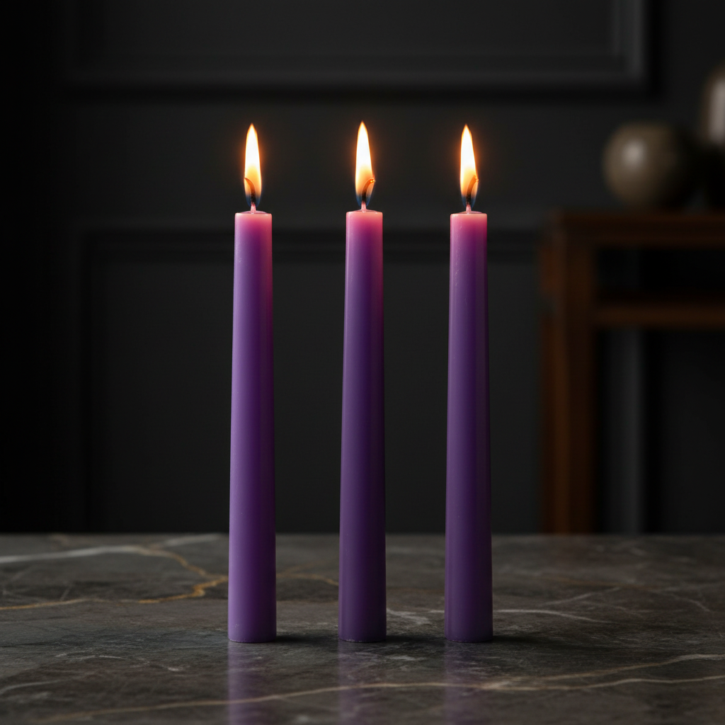 Tre candele viola su marmo scuro