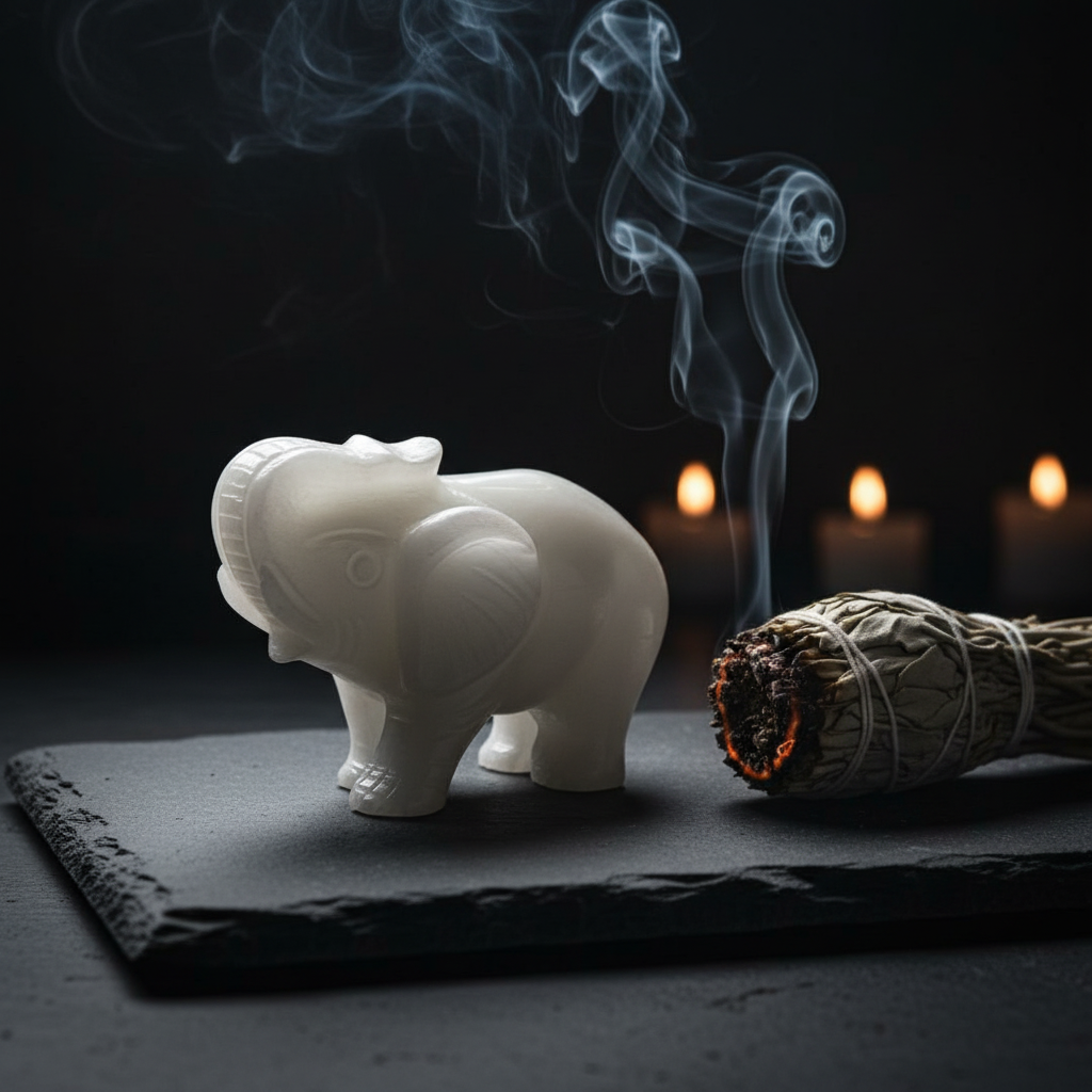 Elefante Portafortuna in Giada Bianca - salvia e fumo