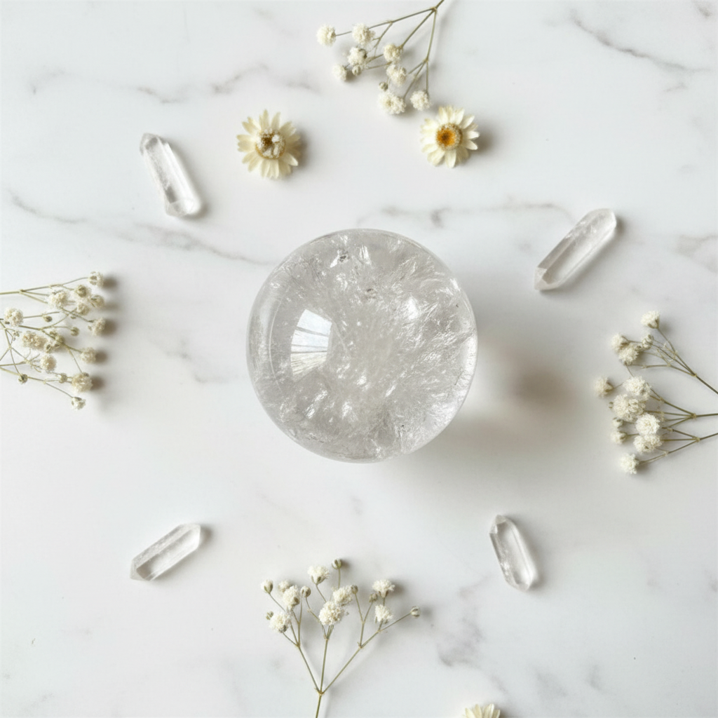 Sfera Cristallo di Rocca flat lay marmo con quarzo e fiori bianchi