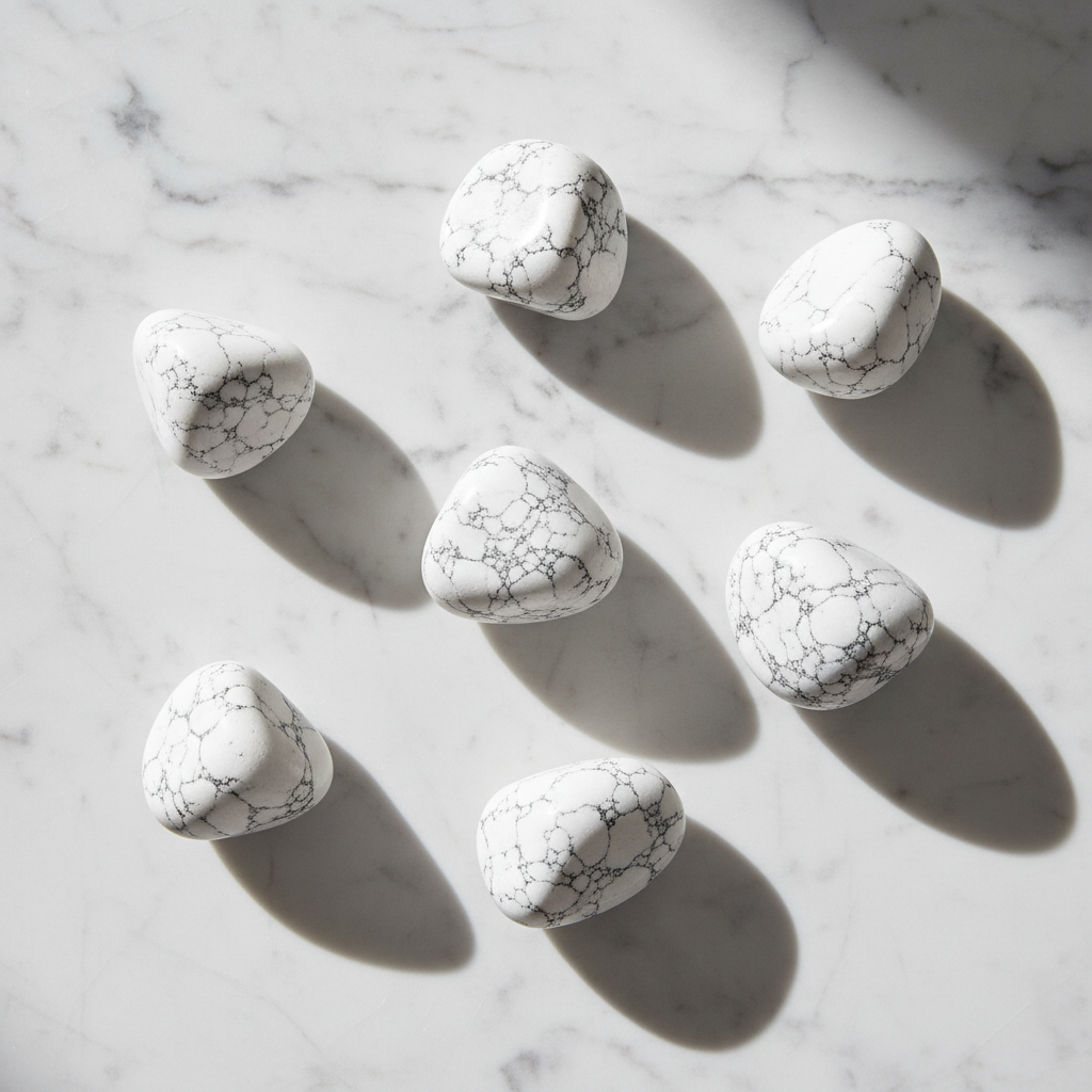 Howlite tumbled flatlay su marmo