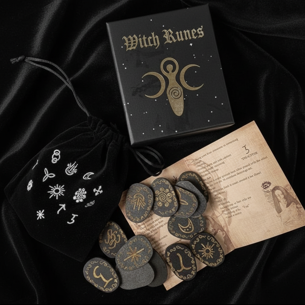 Set Witch Runes completo su velluto nero con scatola, sacchetto e pergamena