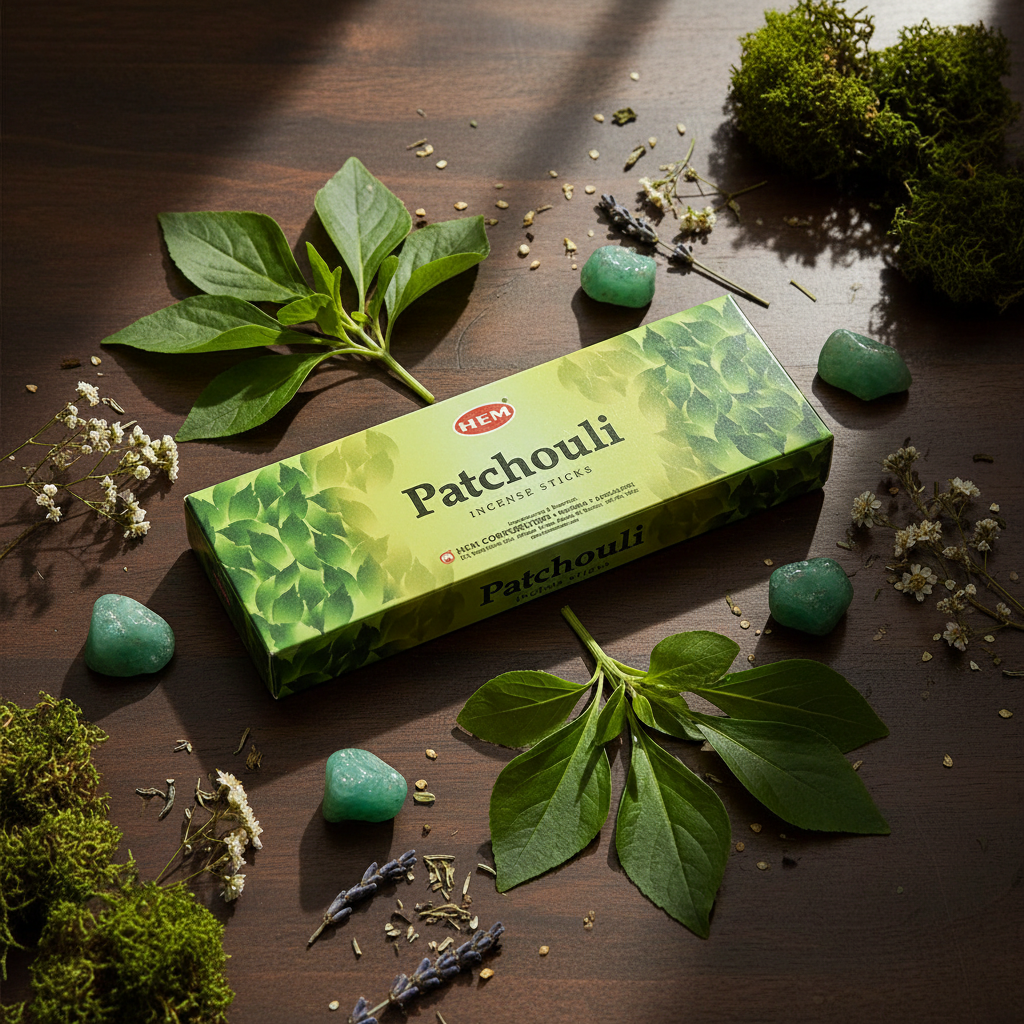 HEM Patchouli - composizione con cristalli e foglie