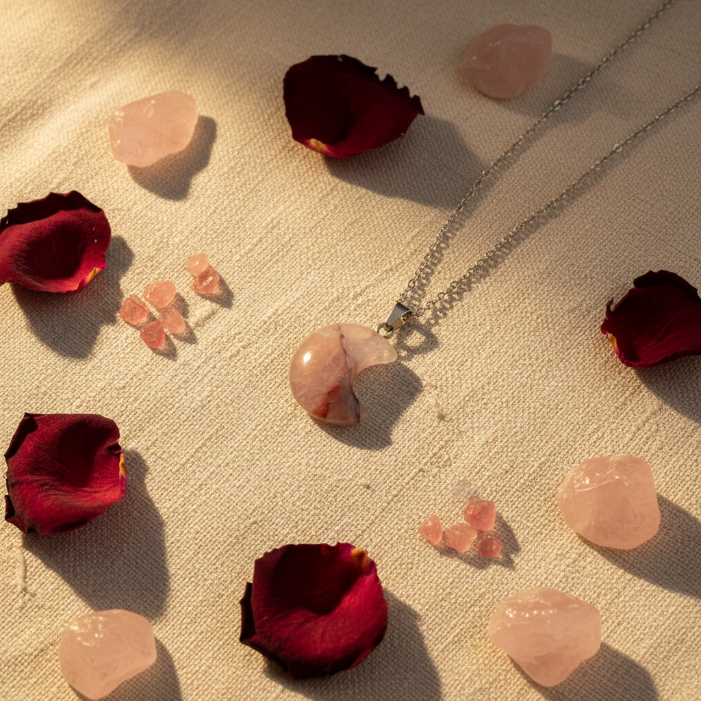 Collana Luna Quarzo di Fuoco - lifestyle su lino