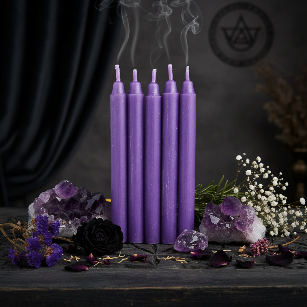 5 candele viola per rituali su altare mistico