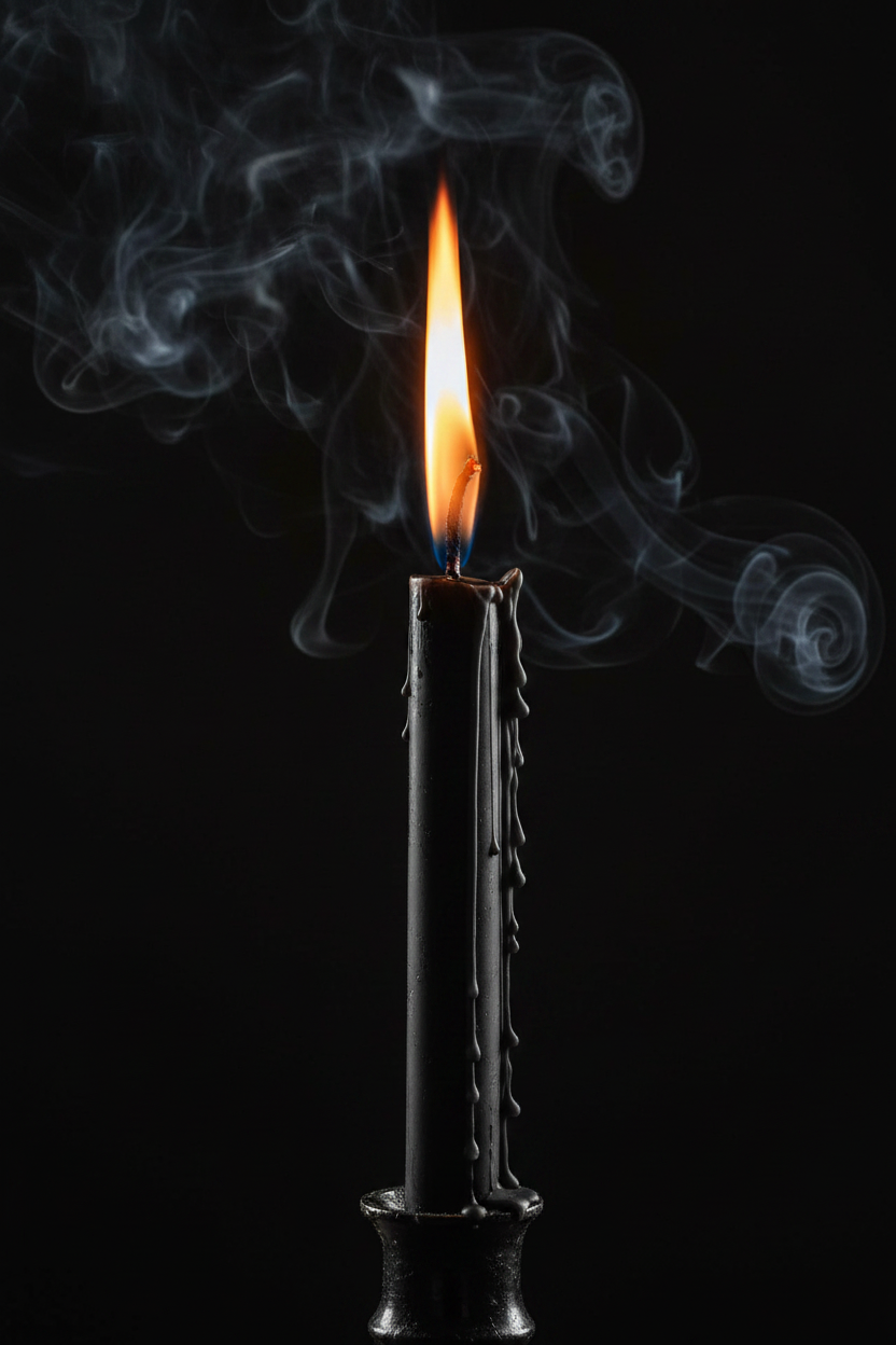Candela rituale nera accesa close-up