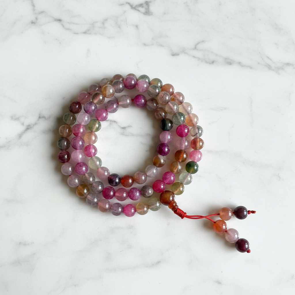 Mala tibetano agata colorata - flatlay su marmo