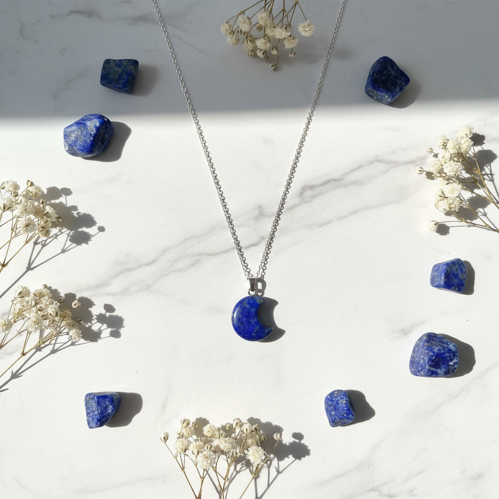 Collana Luna Lapislazzuli flat lay marmo con fiori bianchi