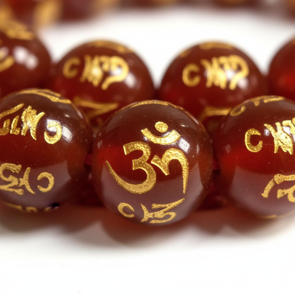 Mala tibetano agata rossa Om Mani - macro incisione oro